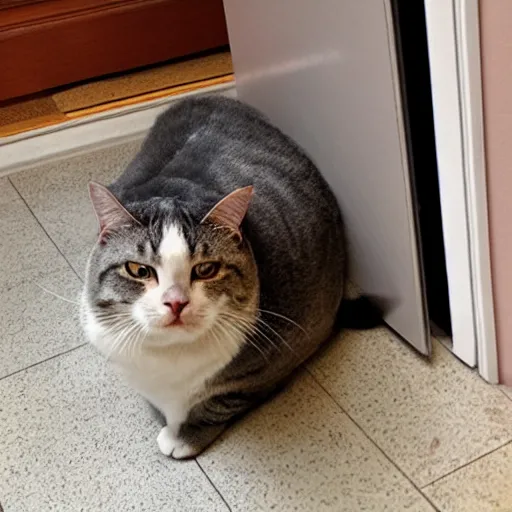 Image similar to gigantic fat cat blocking the doorway, annoyed human staring at the giant cat blocking the door