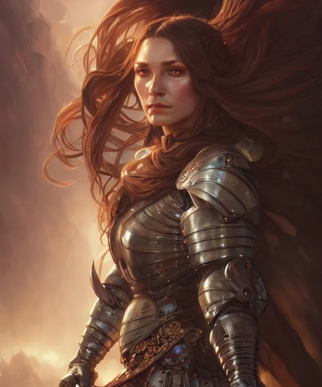 Image similar to Muscular and powerful medieval knight woman portrait, sci-fi, amber eyes, face, long hair, fantasy, intricate, elegant, highly detailed, digital painting, artstation, concept art, smooth, sharp focus, illustration, art by artgerm and greg rutkowski and alphonse mucha