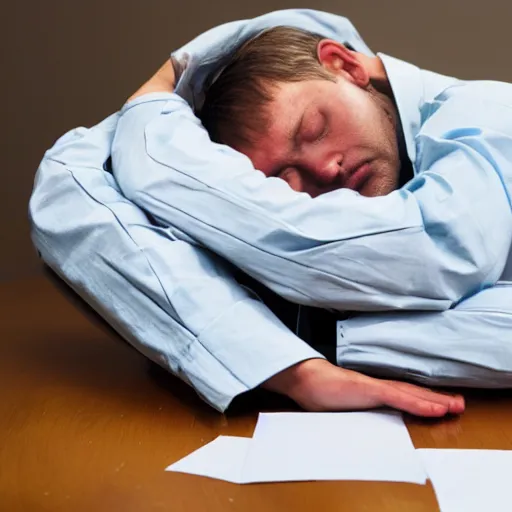 Prompt: a bizzaro worker asleep between piles of papers, high def