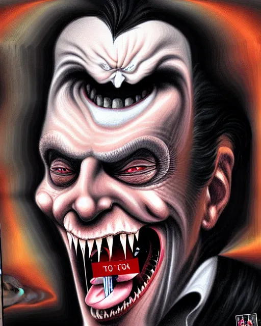 Image similar to donald trump as dracula with fangs out, character portrait, close up, concept art, intricate details, hyperrealism, photorealistic, in the style of otto dix and h. r giger