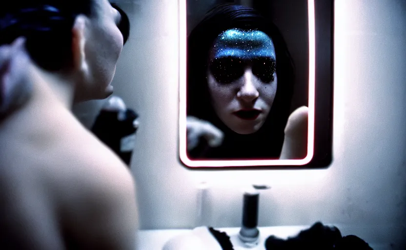 Image similar to cinestill 5 0 d candid photographic portrait by stanley kubrick of a feminine man wearing rugged black techwear and glitter makeup looking in the bathroom mirror, cramped new york apartment, medium closeup, retrofuturism cyberpunk emotional cinematic, light and shadows, 8 k, hd, high resolution, 3 5 mm, f / 3 2, ultra realistic faces