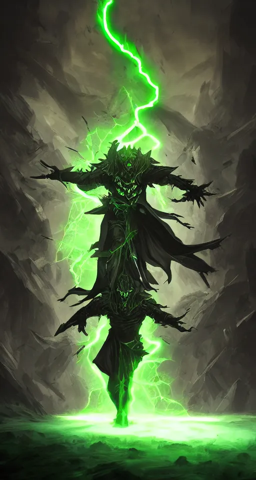 Image similar to illustration of dark priest holding green lightning, black halo, evil, power, green mist, scary, photorealistic, unreal engine, hellish background , Mtg , Dnd ,