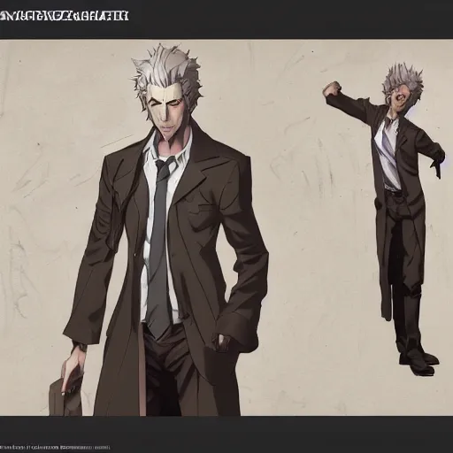 Image similar to John Constantine as an anime character, anime, full body, visualartzi, concept art by Karla Ortiz, James Paick, Charlie Bowater, Krenz Cushart, highly detailed, ultra detailed, ultra realistic, trending on artstation, cgstudio