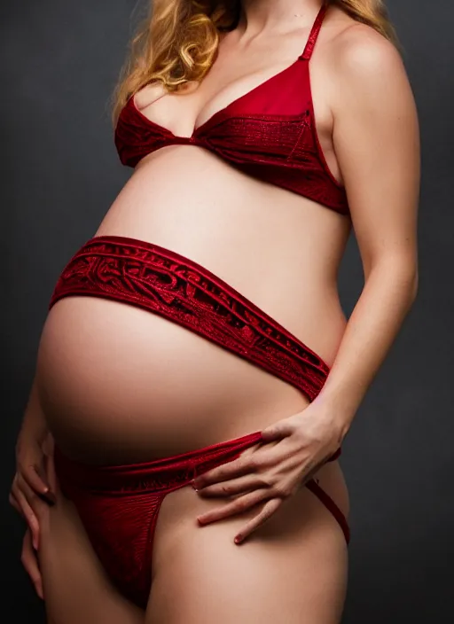 Prompt: cinematic photography of pregnant black widow in a red bikini, intricate, elegant, highly detailed, smooth, sharp focus, symmetrical face, fine details, masterpiece, trending on artstation, 4 k hdr 3 5 mm photography