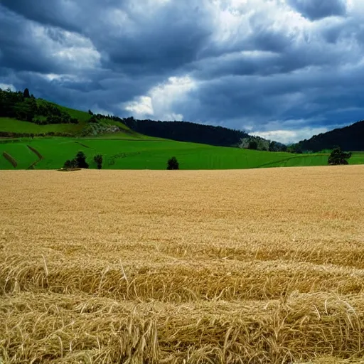 Prompt: field of hay, slopes down away from viewpoint, a river of water in valley, fluffy clouds dot a deep blue sky