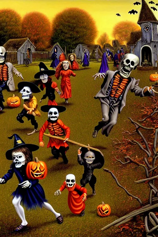 Prompt: a hyperrealistic painting of an autumn village trick or treaters being chased by witches and skeletons, by chris cunningham and richard corben, highly detailed, vivid color,