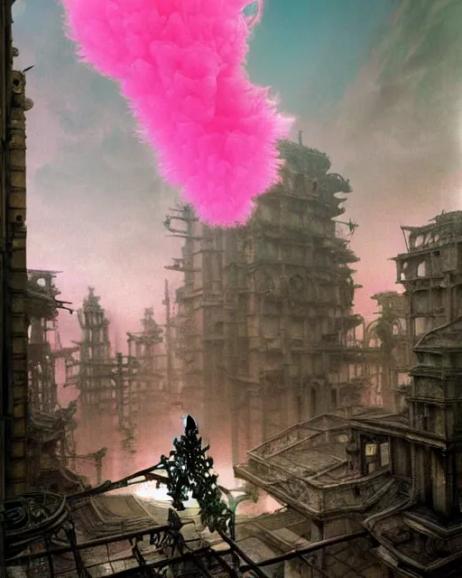 Image similar to hyperrealistic hyperdetailed rococo mecha iridescent pink coming out of dystopian city ruins concept art santiago caruso de chirico sharp very dramatic green light 8k low angle shallow depth of field