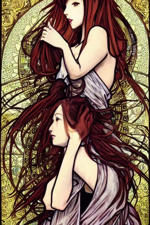 Image similar to Stylish Kurisu Makise tonemapped in the style of Ayami Kojima and Alphonse Mucha