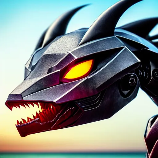 Prompt: high quality close up headshot of a cute beautiful stunning robot anthropomorphic female dragon, with sleek silver armor, a black OLED visor over the eyes, looking at the camera, her sharp dragon maw open in front of the camera, camera looking down into the detailed living maw, about to consume you, on the beach at sunset, highly detailed digital art, furry art, anthro art, sci fi, warframe art, destiny art, high quality, 3D realistic, mawshot, dragon art, Furaffinity, Deviantart