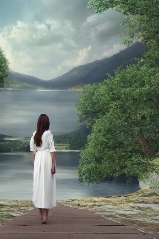 Prompt: a beautiful woman looking to the right side wearing a white dress, river in the background, serene scene, soft lighting, complementary colors, anatomically correct, five fingers, matte painting, centered, symmetrical, low contrast, heaven, path traced, highly detailed, high quality, 4 k, hyperrealistic, soft colors, beautiful landscape, realistic and defined face