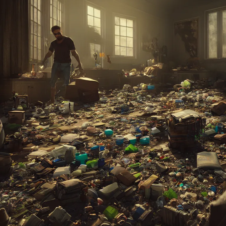 Prompt: a cinematic shot of a hoarder in a room filled with garbage, octane render, volumetric lighting, nvidia raytracing demo, by Andy Thomas, Mario Martinez, Daniel Mirante, Gustave Dore, Artstation, CGsociety, masterpiece