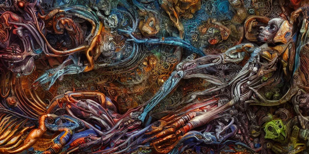 Image similar to dreamscape, giger, vivid colors, colorful, anatomical, highly detailed sculpture, intricate detailed, ommatidia, 8 k, cinematic atmosphere, post - processing