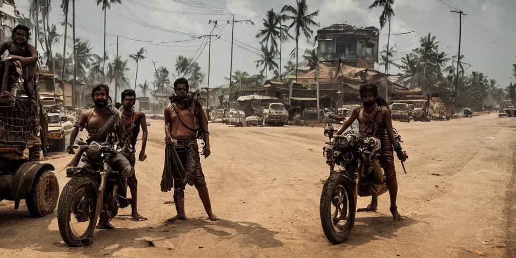 Image similar to sri lankan mad max style, city streets, film still, epic shot cinematography, rule of thirds