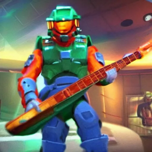 Prompt: master chief with a sausage on his head, while he is dancing and playing guitar hero