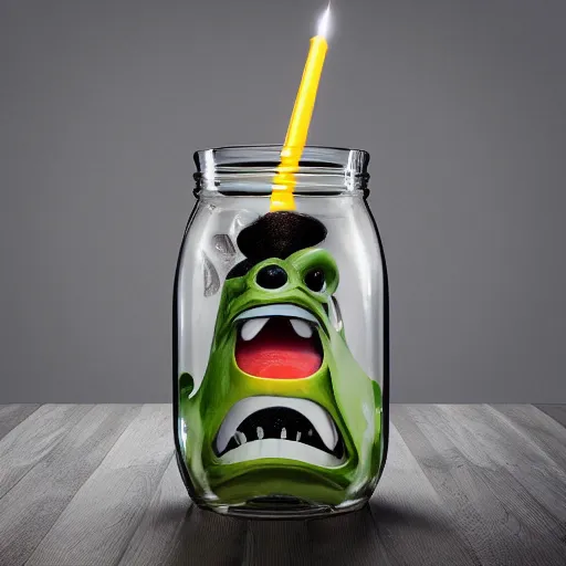 Image similar to Evil monster in a jar, product photography, centered, studio lightning