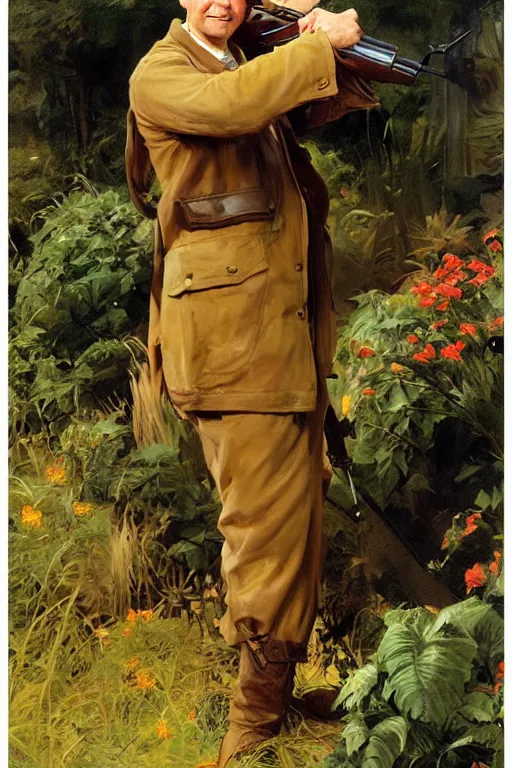 Image similar to Elmer Fudd holding a shotgun, golden hour, in a garden, artstation, by J. C. Leyendecker and Peter Paul Rubens,