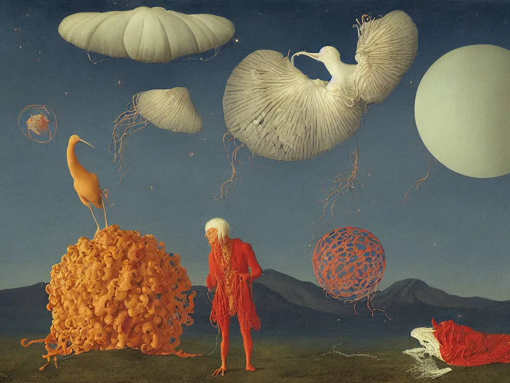 Image similar to albino mystic, with his back turned, looking at the Aurora over over the volcano in the distance, with beautiful exotic hoopoe, jellyfish. Painting by Jan van Eyck, Audubon, Rene Magritte, Agnes Pelton, Max Ernst, Walton Ford