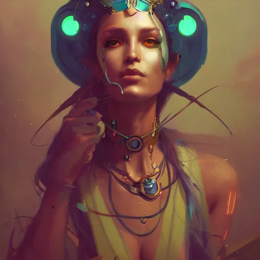 Prompt: a portrait of a beautiful cybernetic gypsy, cyberpunk concept art by pete mohrbacher and wlop and artgerm and josan gonzales, digital art, highly detailed, intricate, sci-fi, sharp focus, Trending on Artstation HQ, deviantart, unreal engine 5, 4K UHD image