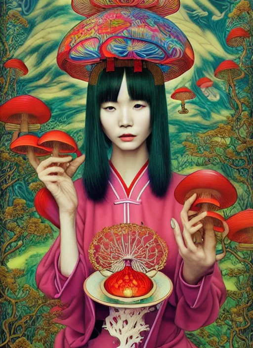 Image similar to pretty chinese model with hallucination mushroom : : by martine johanna and simon stalenhag and chie yoshii and casey weldon and wlop : : ornate, dynamic, particulate, rich colors, intricate, elegant, highly detailed, vogue, harper's bazaar art, fashion magazine, smooth, sharp focus,