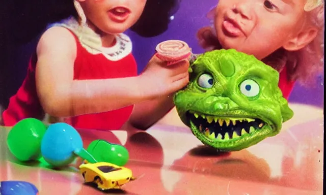 Prompt: kid playing with slime monster, realistic, detailed faces, toy commercial photo,toy magazine, highly detailed, photo from the 80s