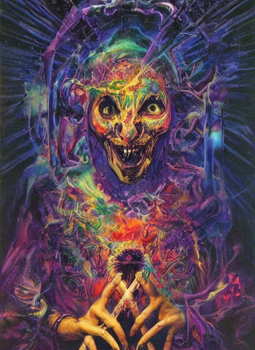 Image similar to gorgeous magic cult psychic mantis smiling, third eye, subjective consciousness psychedelic, epic surrealism expressionism symbolism, story telling, iconic, dark robed, oil painting, symmetrical face, dark myth mythos, by Paul Lehr, Noriyoshi Ohrai masterpiece