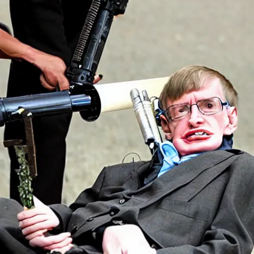 Image similar to stephen hawking with a rocket launcher blowing up terrorists