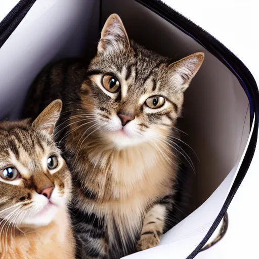 Prompt: a highly detailed photo of multiple furry cats inside a big bag, white background, studio lighting, 4 k, 8 k