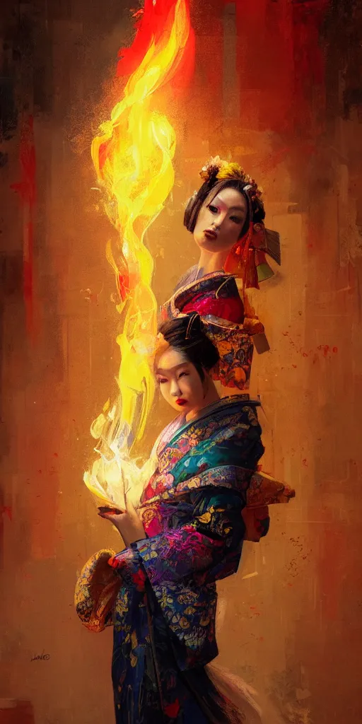 Image similar to female geisha girl holding a colorful flame, beautiful face, colourful, rule of thirds, intricate outfit, spotlight, by greg rutkowski, by jeremy mann, digital painting