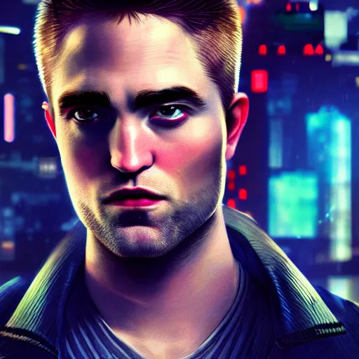 Prompt: robert pattinson portrait, Cyberpunk 2077, cyberpsycho, photorealistic, ultra detailed, neon, octane, bokeh, cyber, cyberpunk city, feature, scars, cyberface, 8k