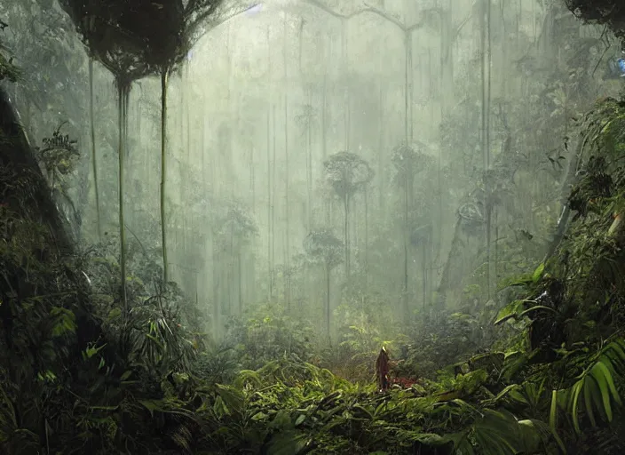 Prompt: interior shot of a lush jungle with a robot explorer navigating the harsh terrain looking away in the distance at a futuristic obelisk, masterpiece, painterly, art by artem demura, emotion, fantasy art,