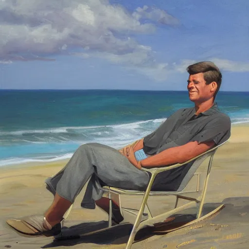 Image similar to portrait of john f kennedy, wrinkled, grey hair sitting on rocking chair, landscape of nantucket beach, dunes, ocean, bluff, handsome, hawaiian shirt, oil on canvas by william sidney mount - 1 9 8 2, trending on artstation