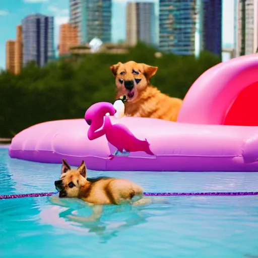 Prompt: An anthropomorphic GSD puppy with hands enjoying a cosmopolitan cocktail in a swimming pool while floating on an flamingo inflatable, tranquil, breezy background, city high-rise, atmospheric, hazy, sweltering, autochrome, 8k, reflections, ue5, digital art