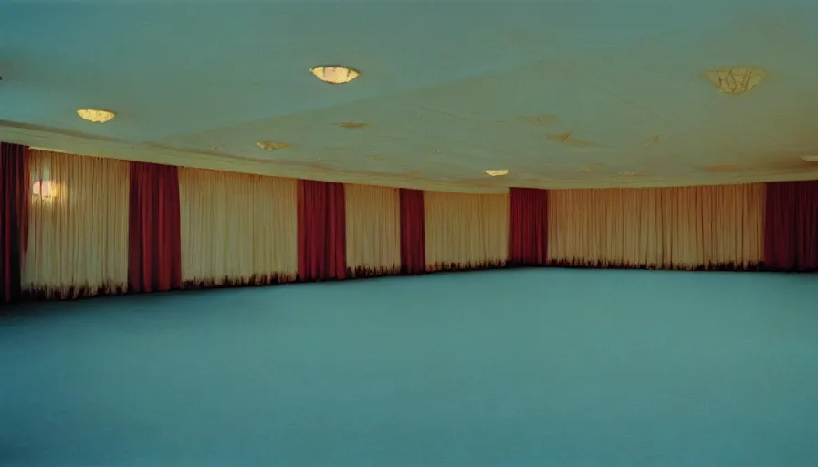 Image similar to 70s movie still of a ballroom with blue ceiling, cinestill 800t Technicolor, heavy grain, high quality, criterion collection, liminal space style