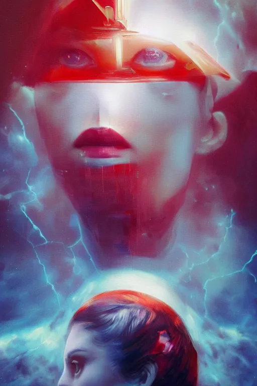 Image similar to 3 d, sci - fi, morning, madness fashion model face, sun, lightning clouds, vogue cover style, light red and deep blue mood, cinematic, realistic painting, intricate oil painting, high detail, figurative art, multiple exposure, poster art, 3 d, by stanley kubrick and tooth wu and wlop and beeple and greg rutkowski