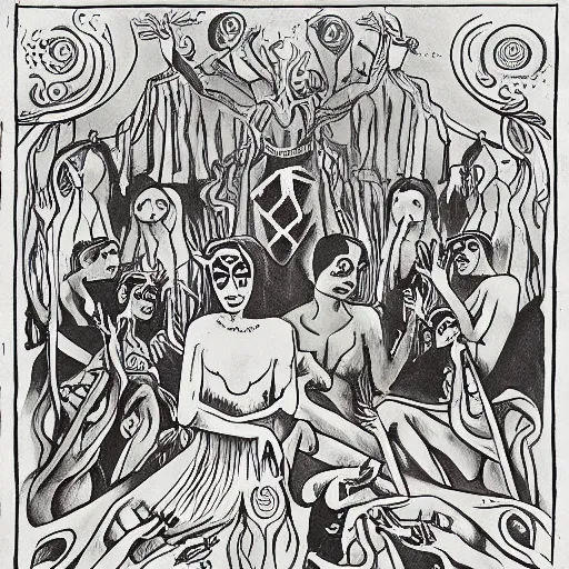 Image similar to a satanic ritual intervening by Ayahuasca Mother, very detailed, Harlem Renaissance style, award-winning