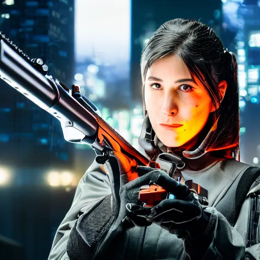 Image similar to photographic portrait of a techwear woman holding a shotgun, closeup, on the rooftop of a futuristic city at night, sigma 85mm f/1.4, 4k, depth of field, high resolution, 4k, 8k, hd, full color, Die Hard, movies with guns, movie firearms