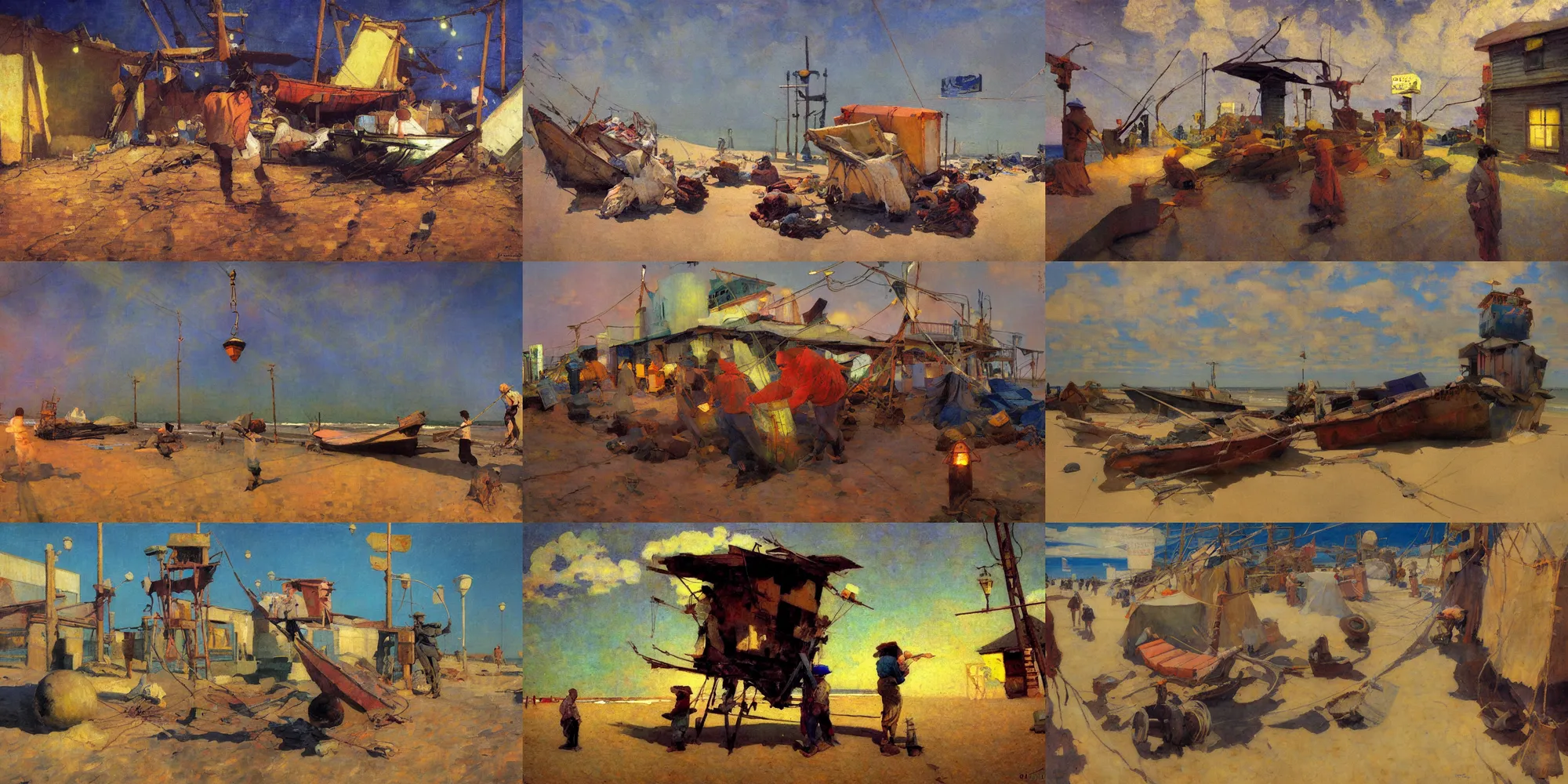 Prompt: painting by dean cornwell, ilya repin, nc wyeth painting, ultra wide, vanishing point, 3 d perspective, beached, end of evangelion, award winning, up close, climbing, beaching, rust, midnight, junk town, lanterns, makeshift house, colorful lightbulb festoon lights, telephone pole