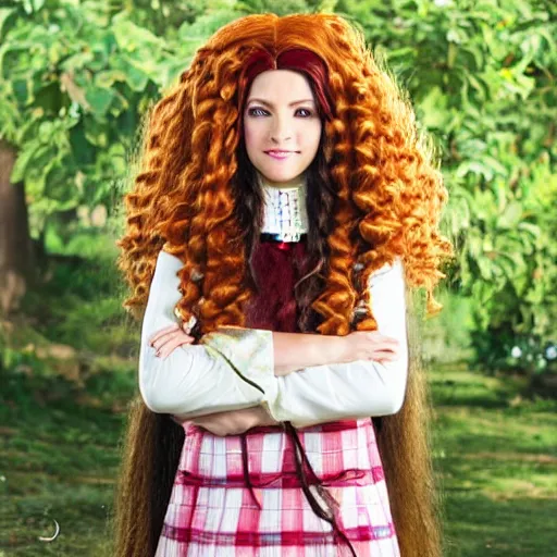 Image similar to woman with long curly read hair in villager cosplay from animal crossing. beautiful. relaxed. realistic photo. cosplay photoshoot. high detail. convention photo.