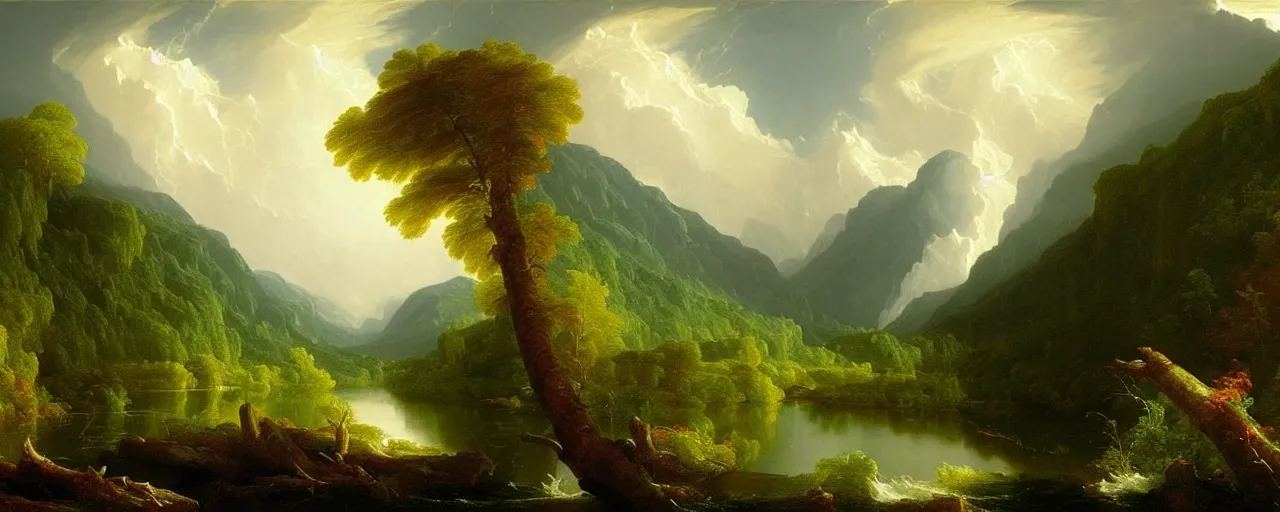 Prompt: beautiful forest scenery, distant mountains, river flowing through, distant cloud shadows, raining, rain, painting by thomas cole