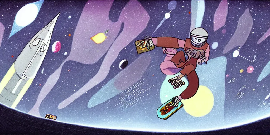 Image similar to traditional drawn colorful animation a close look to solo skateboarder jumping, futuristic city street, space station planet afar, planet surface, ground, rocket launcher, outer worlds, hyper contrast well drawn, in Metal Hurlant, in Pilote, in Pif, by Jean Henri Gaston Giraud animation film The Masters of Time FANTASTIC PLANET La planète sauvage animation by René Laloux