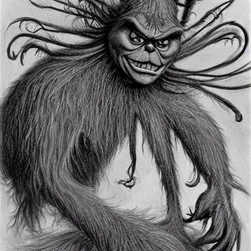 Image similar to Black and white drawing of The Grinch, Stephen Gammell style, evil, high detail, Scary Stories