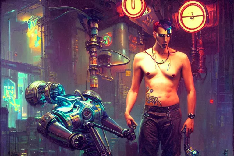 Image similar to cyberpunk style, attractive male with tattoo, robotic arm, neon lights, cool tint, painting by gaston bussiere, craig mullins, j. c. leyendecker, tom of finland