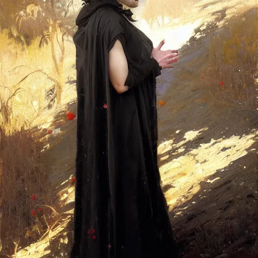 Image similar to detailed realistic cinematic wide shot of beautiful attractive lilly collins vampire woman wearing black bath robe slim face symettrical face clean skin black eyes black robe smooth, sharp focus, ultra realistic, spring light, painting by gaston bussiere, craig mullins, j. c. leyendecker