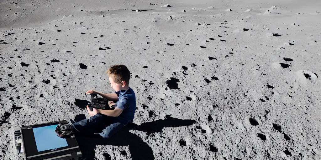 Image similar to a boy playing Xbox on the surface of the moon, professional photography