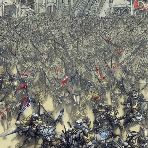 Image similar to one hero with sword looking at army of swordsmen in the background by yoji shinkawa, in the middle of an arena, crowd of people, pencil art, added detail, high definiton, colored, aerial view