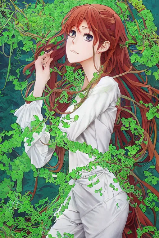 Prompt: anime key visual of katherine mcnamara!! in white silk clothing covered in vibrant green vines, intricate, magical forest, stunning, highly detailed, digital painting, artstation, smooth, hard focus, illustration, art by artgerm and greg rutkowski and alphonse mucha