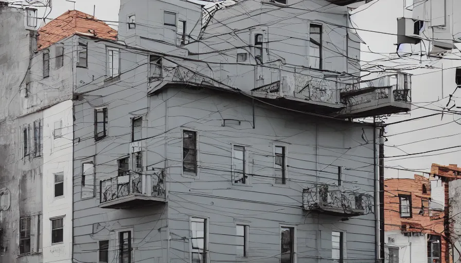 Image similar to in american cities, in modern times, there is a weird rental house with four floors high and a water tank on the roof. the color of the picture is gray and the painting style is retro