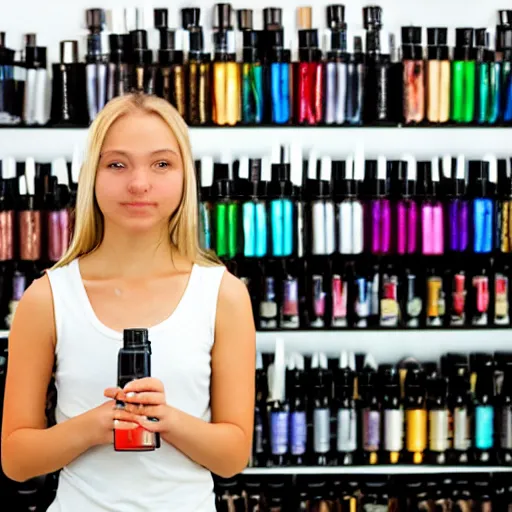 Prompt: girl in a vape shop in Portugal