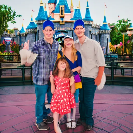 Prompt: photography of a familly on vacation at disneyland