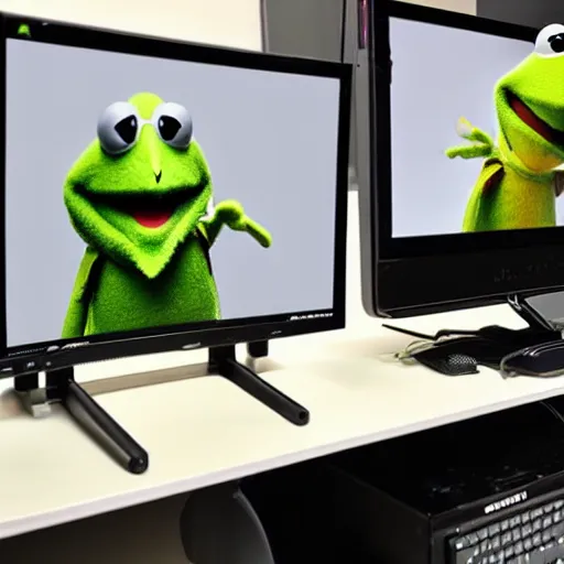 Prompt: “Kermit the frog builds a desktop pc, leaning over a desktop pc computer case tower atx with a screwdriver and instruction manual, 4k photo unreal”